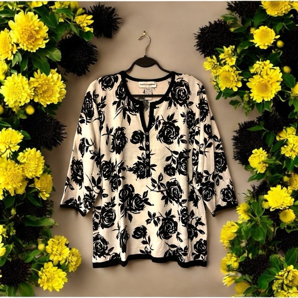 Cathy Daniels Winter White with Black Roses Knit Sweater - Picture 6 of 16